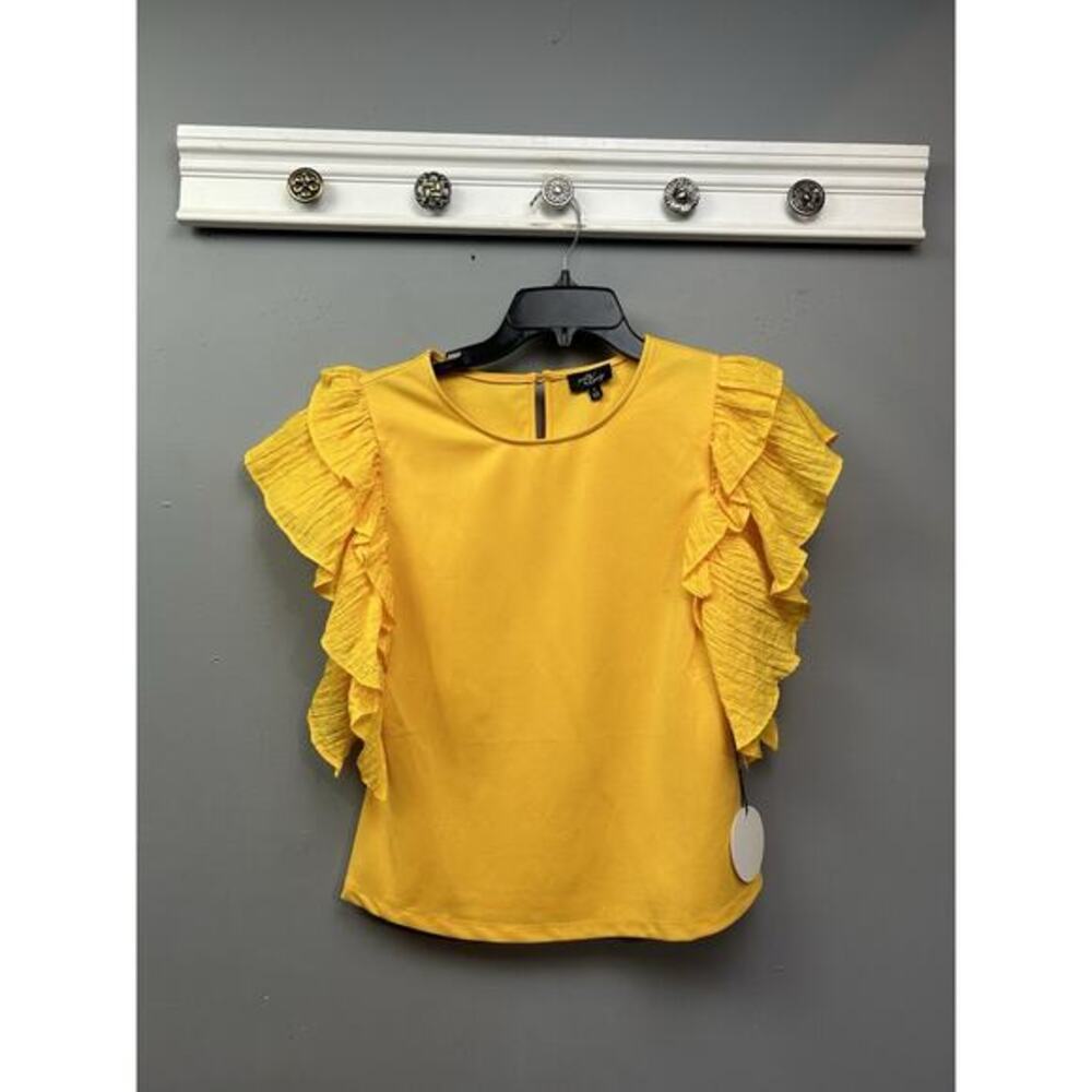 Milk & Honey Top Womens Small Blouse Yellow Short Sleeve Ruffle Bold Bright NEW
